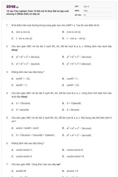 10 câu Trắc nghiệm Toán 10 Kết nối tri thức Bài ôn tập cuối chương 3 (Nhận biết) có đáp án