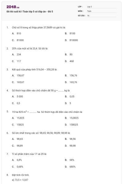 Đề thi cuối kì I Toán lớp 5 có đáp án - Đề 5