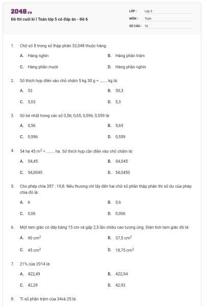 Đề thi cuối kì I Toán lớp 5 có đáp án - Đề 6
