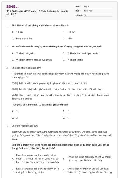 Bộ 2 đề thi giữa kì 2 Khoa học 5 Chân trời sáng tạo có đáp án - Đề 2