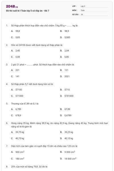 Đề thi cuối kì I Toán lớp 5 có đáp án - Đề 7