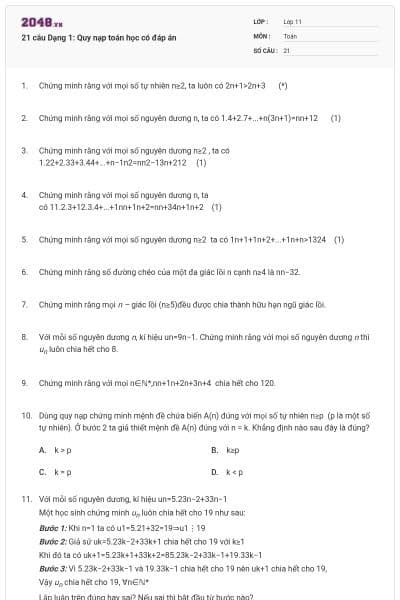 21 câu Dạng 1: Quy nạp toán học có đáp án
