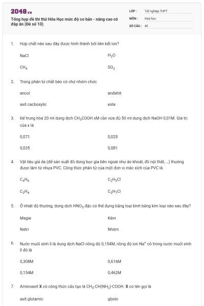 Tổng hợp đề thi thử Hóa Học mức độ cơ bản - nâng cao có đáp án (Đề số 10)