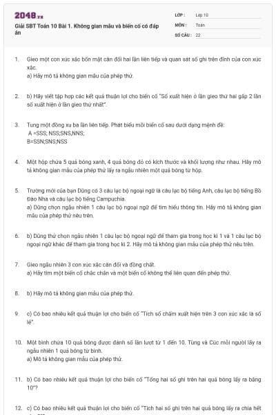 Giải SBT Toán 10 Bài 1. Không gian mẫu và biến cố có đáp án