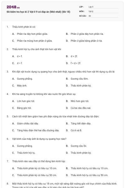 Đề kiểm tra học kì 2 Vật lí 9 có đáp án (Mới nhất) (Đề 18)