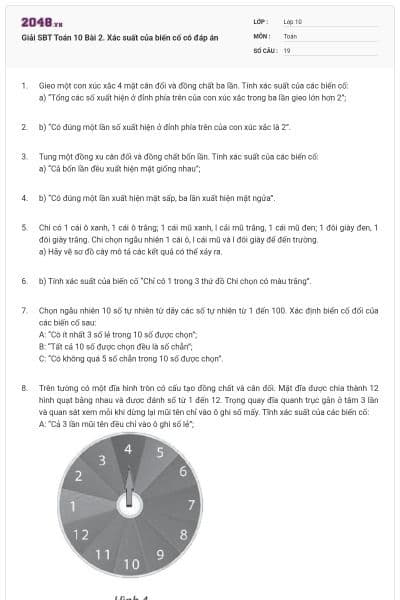 Giải SBT Toán 10 Bài 2. Xác suất của biến cố có đáp án