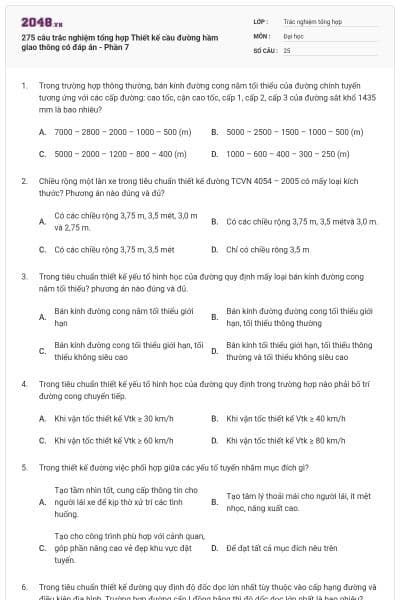 275 câu trắc nghiệm tổng hợp Thiết kế cầu đường hầm giao thông có đáp án - Phần 7