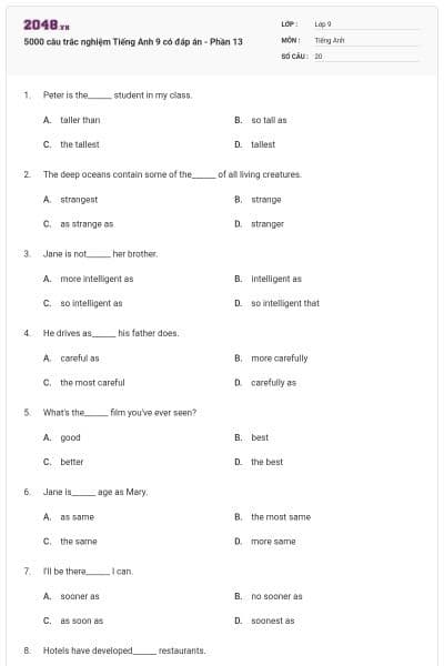 5000 câu trắc nghiệm Tiếng Anh 9 có đáp án - Phần 13