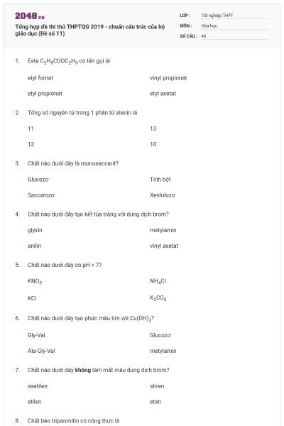 Tổng hợp đề thi thử THPTQG 2019 - chuẩn cấu trúc của bộ giáo dục (Đề số 11)