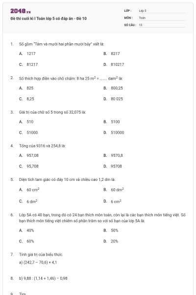 Đề thi cuối kì I Toán lớp 5 có đáp án - Đề 10