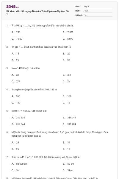 Đề khảo sát chất lượng đầu năm Toán lớp 4 có đáp án - Đề 1