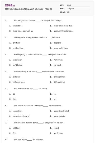 5000 câu trắc nghiệm Tiếng Anh 9 có đáp án - Phần 15