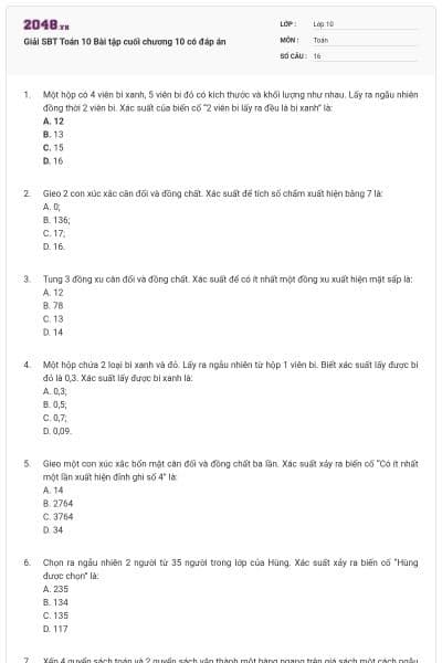 Giải SBT Toán 10 Bài tập cuối chương 10 có đáp án