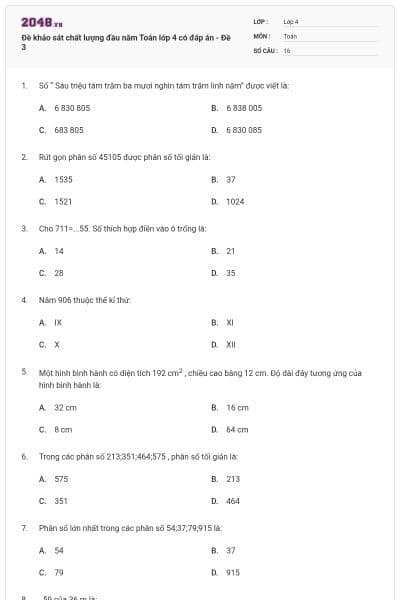Đề khảo sát chất lượng đầu năm Toán lớp 4 có đáp án - Đề 3