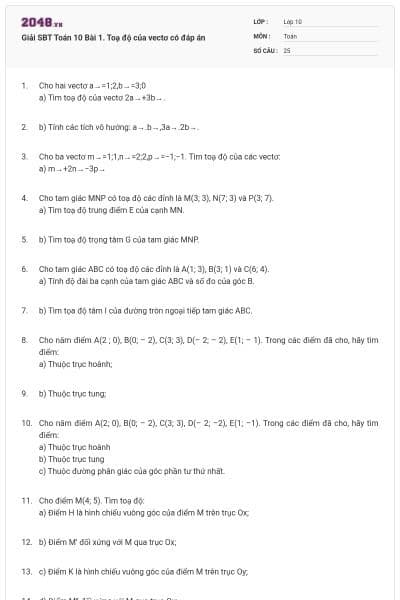 Giải SBT Toán 10 Bài 1. Toạ độ của vectơ có đáp án
