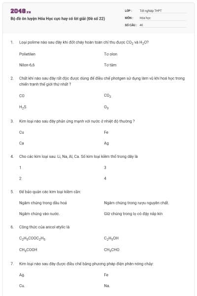 Bộ đề ôn luyện Hóa Học cực hay có lời giải (Đề số 22)