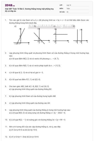 Giải SBT Toán 10 Bài 2. Đường thẳng trong mặt phẳng toạ độ có đáp án