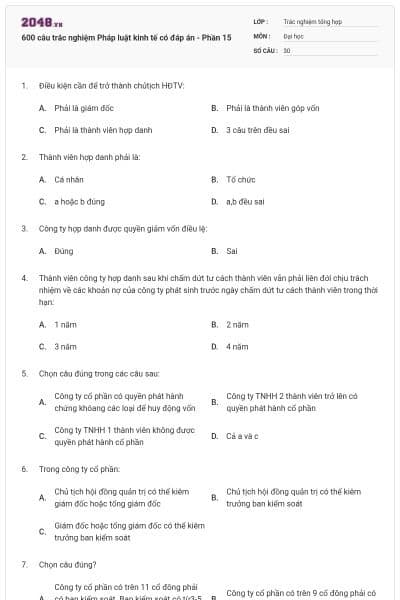 600 câu trắc nghiệm Pháp luật kinh tế có đáp án - Phần 15