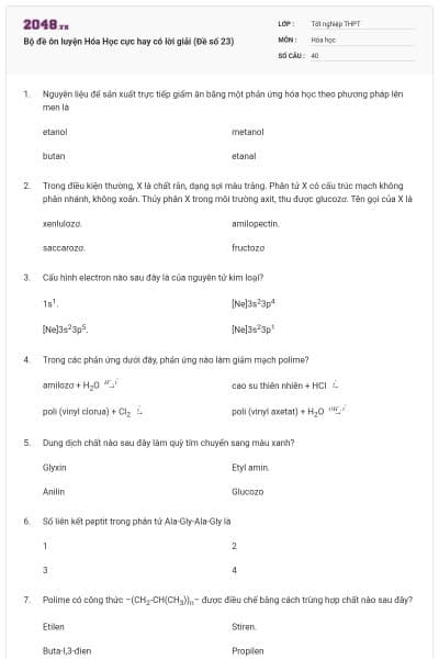 Bộ đề ôn luyện Hóa Học cực hay có lời giải (Đề số 23)