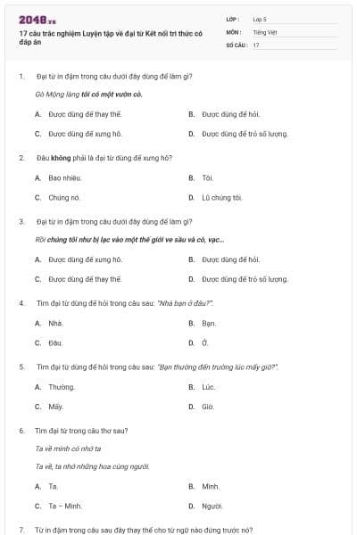 17 câu trắc nghiệm Luyện tập về đại từ Kết nối tri thức có đáp án