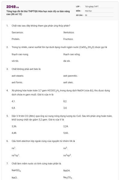 Tổng hợp đề thi thử THPTQG Hóa học mức độ cơ bản nâng cao (đề số 12)