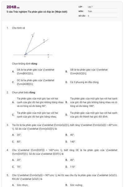 5 câu Trắc nghiệm Tia phân giác có đáp án (Nhận biết)