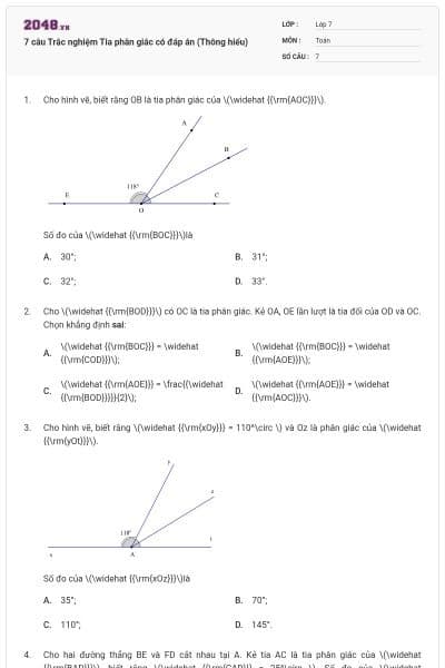 7 câu Trắc nghiệm Tia phân giác có đáp án (Thông hiểu)