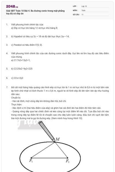 Giải SBT Toán 10 Bài 4. Ba đường conic trong mặt phẳng toạ độ có đáp án