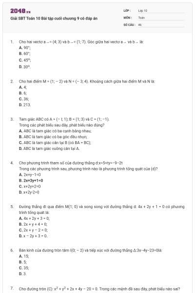 Giải SBT Toán 10 Bài tập cuối chương 9 có đáp án