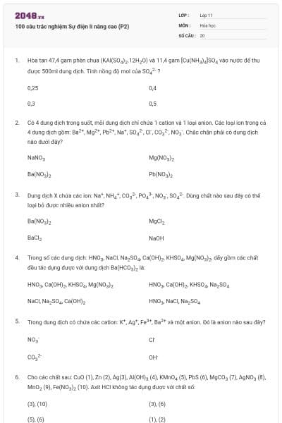 100 câu trắc nghiệm Sự điện li nâng cao (P2)