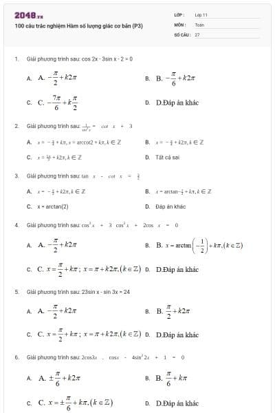 100 câu trắc nghiệm Hàm số lượng giác cơ bản (P3)
