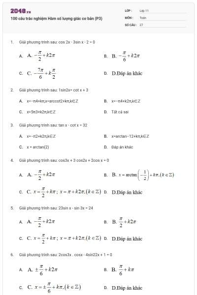 100 câu trắc nghiệm Hàm số lượng giác cơ bản (P3)