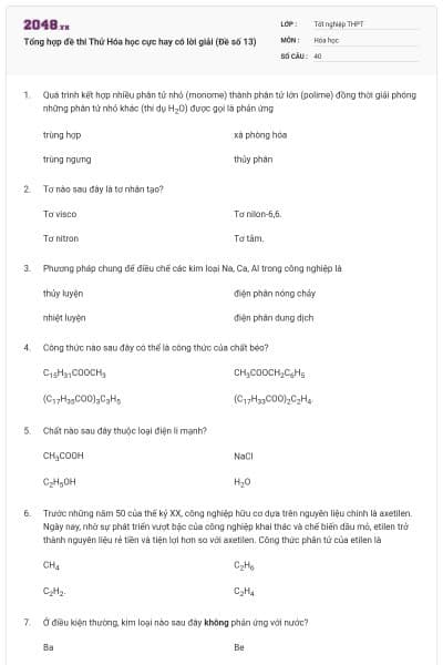 Tổng hợp đề thi Thử Hóa học cực hay có lời giải (Đề số 13)