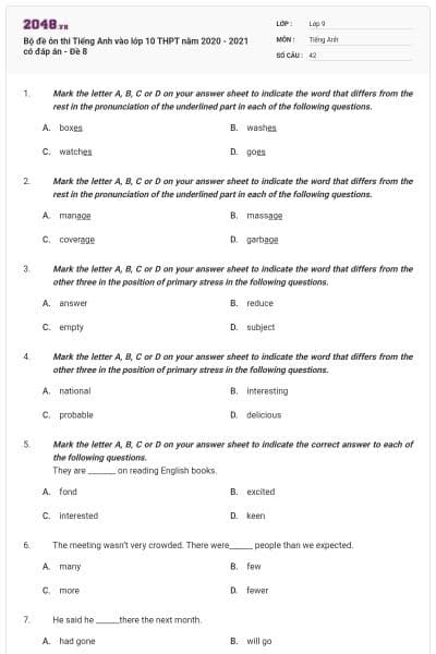 Bộ đề ôn thi Tiếng Anh vào lớp 10 THPT năm 2020 - 2021 có đáp án - Đề 8