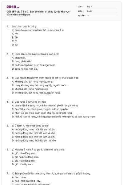 Giải SBT Địa 7 Bài 7. Bản đồ chính trị châu á, các khu vực của châu á có đáp án