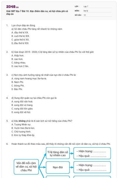 Giải SBT Địa 7 Bài 10. Đặc điểm dân cư, xã hội châu phi có đáp án