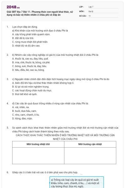 Giải SBT Địa 7 Bài 11. Phương thức con người khai thác, sử dụng và bảo vệ thiên nhiên ở châu phi có đáp án