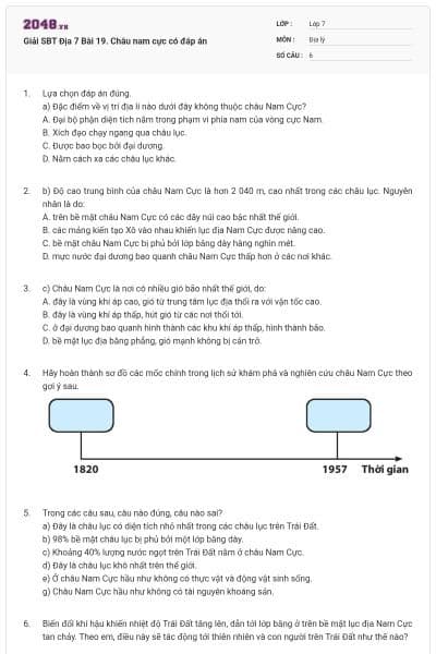 Giải SBT Địa 7 Bài 19. Châu nam cực có đáp án