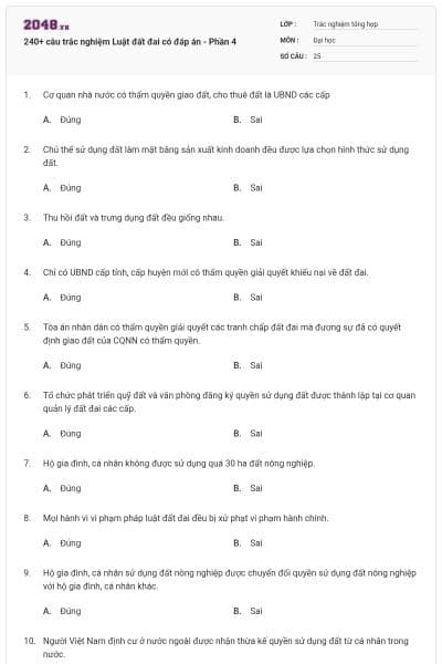 240+ câu trắc nghiệm Luật đất đai có đáp án - Phần 4
