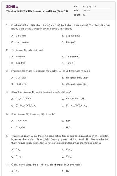 Tổng hợp đề thi Thử Hóa học cực hay có lời giải (Đề số 13)