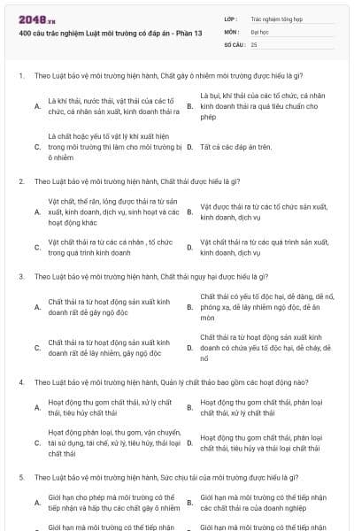 400 câu trắc nghiệm Luật môi trường có đáp án - Phần 13