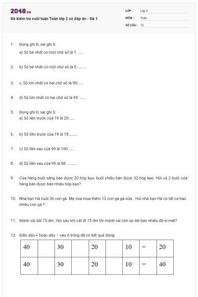 Đề kiểm tra cuối tuần Toán lớp 2 có đáp án - Đề 1