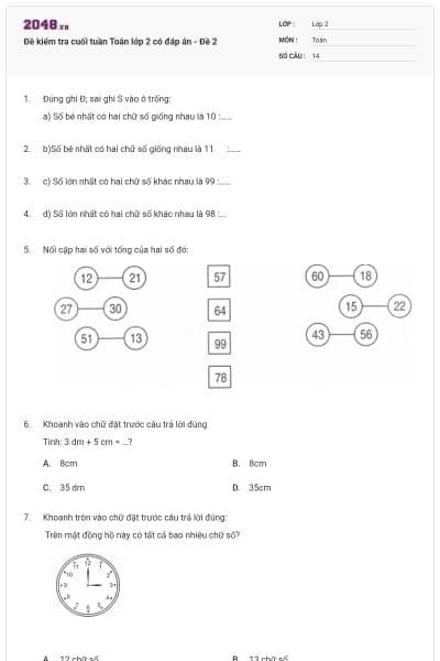 Đề kiểm tra cuối tuần Toán lớp 2 có đáp án - Đề 2