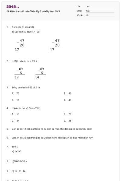 Đề kiểm tra cuối tuần Toán lớp 2 có đáp án - Đề 3