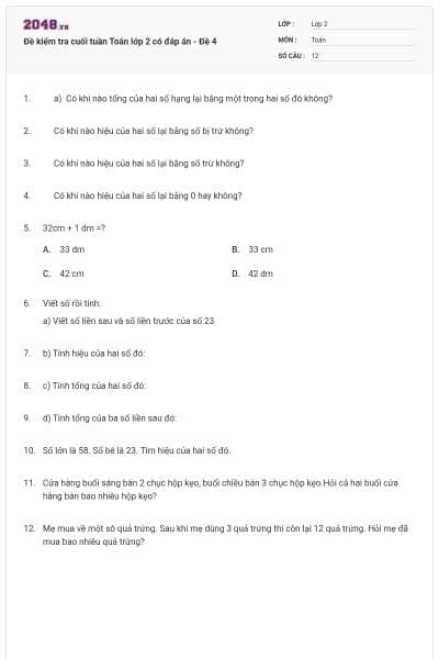 Đề kiểm tra cuối tuần Toán lớp 2 có đáp án - Đề 4