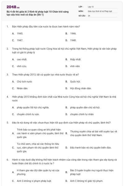 Bộ 4 đề thi giữa kì 2 Kinh tế pháp luật 10 Chân trời sáng tạo cấu trúc mới có đáp án (Đề 1)