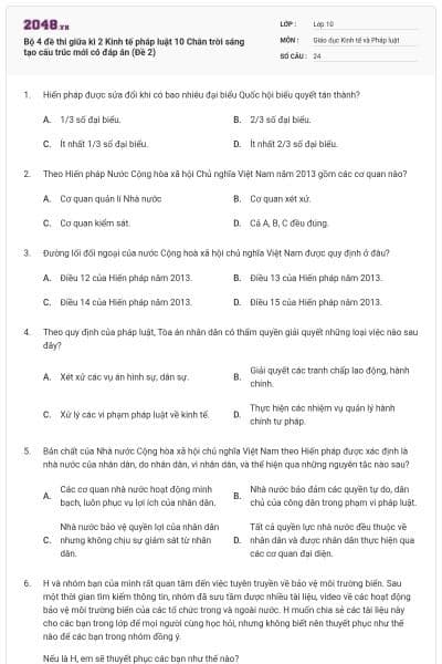 Bộ 4 đề thi giữa kì 2 Kinh tế pháp luật 10 Chân trời sáng tạo cấu trúc mới có đáp án (Đề 2)