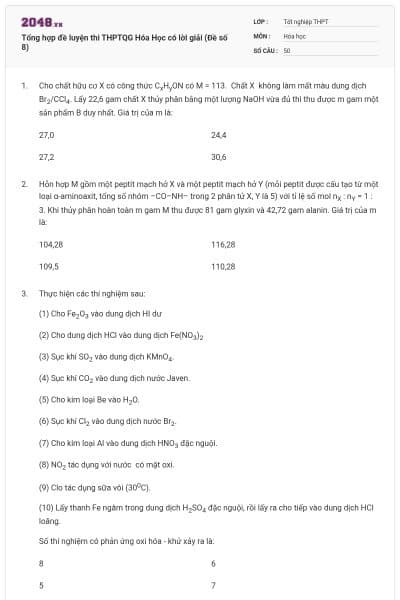 Tổng hợp đề luyện thi THPTQG Hóa Học có lời giải (Đề số 8)