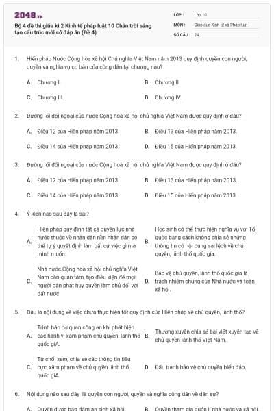 Bộ 4 đề thi giữa kì 2 Kinh tế pháp luật 10 Chân trời sáng tạo cấu trúc mới có đáp án (Đề 4)