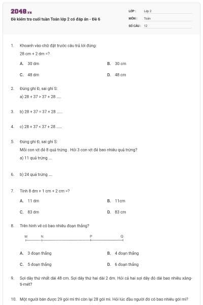 Đề kiểm tra cuối tuần Toán lớp 2 có đáp án - Đề 6